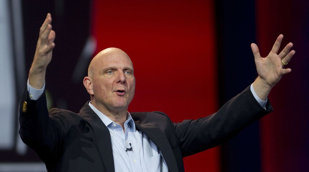 Steve Ballmer, chief executive officer of Microsoft Corp., speaks during the Qualcomm Inc. keynote address at the 2013 Consumer Electronics Show in Las Vegas, Nevada, U.S., on Monday, Jan. 7, 2013. The 2013 CES trade show, which runs until Jan. 11, is the worlds largest annual innovation event that offers an array of entrepreneur focused exhibits, events and conference sessions for technology entrepreneurs. Photographer: Andrew Harrer/Bloomberg via Getty Images