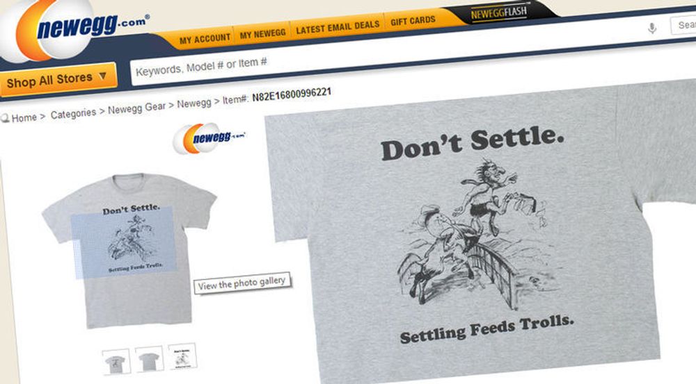 Newegg har tatt et klart standpunkt mot patenttroll og selger t-skjorter som dette.