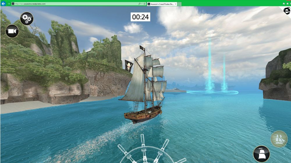 Assassin's Creed's Pirates ga den relativt moderne Windows 8-pc-en vår «pusteproblemer» da vi kjørte demoen i Internet Explorer 11, mens det gikk svært jevnt og fint i Chrome, Firefox og Opera. Men siden demoen tross alt er laget for Internet Explorer 11, mistenker vi at driverne til skjermkortet kan ha en del av skylden. Internet Explorers støtte for WebGL involverer DirectX i stedet for OpenGL ES, som WebGL i utgangspunktet er basert på.