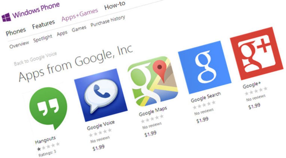 LURERI: Microsoft har fjernet en serie apper som utga seg for å være fra Google. Sistnevntes interesse for Windows Phone-plattformen har så langt vært ganske avmålt.