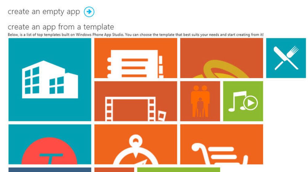 Windows Phone App Studio tilbyr maler for enkle Windows Phone-applikasjoner. Utvalget omfatter maler for blant annet reiseapplikasjoner, restaurantmenyer, treningsapplikasjoner og filmanmeldelser. Dessverre var det meste av tjenesten utilgjengelig da artikkelen ble skrevet.