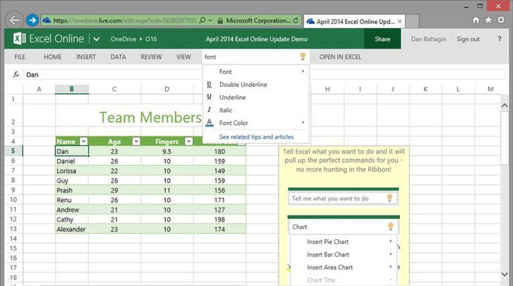Tell Me-funksjonen i Excel Online er blant aprilnyhetene i webutgaven av Office.