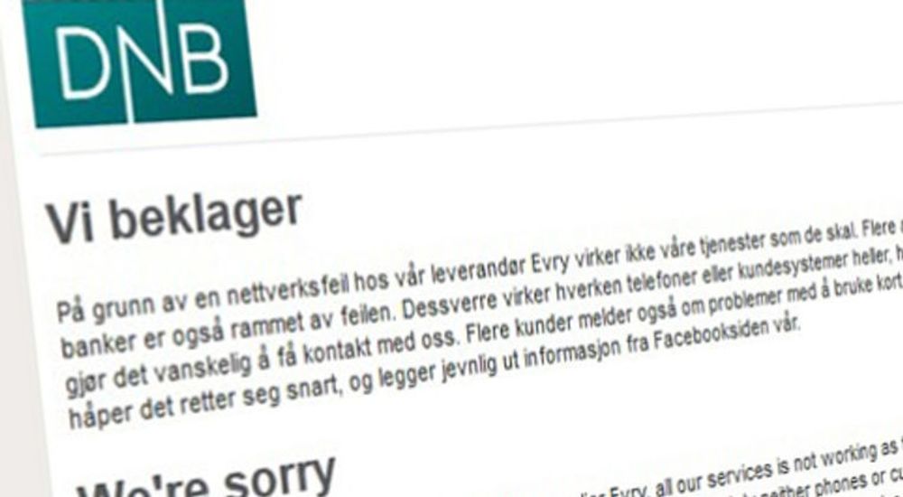 DNB måtte i helgen igjen beklage at nettbanken ikke fungerte. Igjen er det leverandør Evry som må svare. Dette skjermbildet er fra et tidligere utfall.