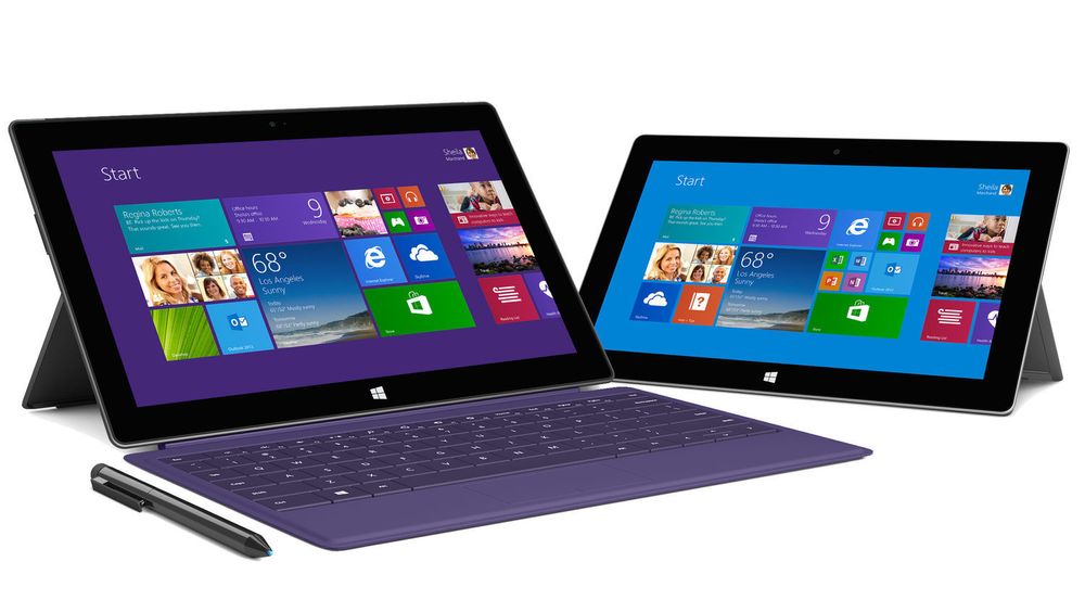 Microsofts nye Surface Pro 2, her vist med tastatur (ekstrautstyr), og nye Surface 2. Det er sistnevne som har gjennomgått de største endringene. 
