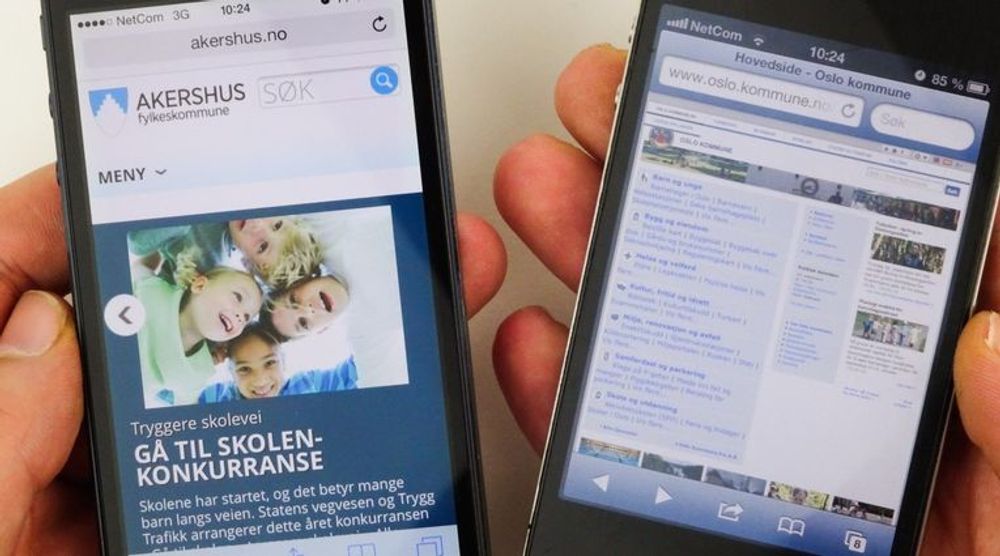 Mens nettsidene til Akershus Fylkeskommune (til venstre) er tilpasset mobiltelefonen er det noe annet med Oslo Kommune sine nettsider. 
