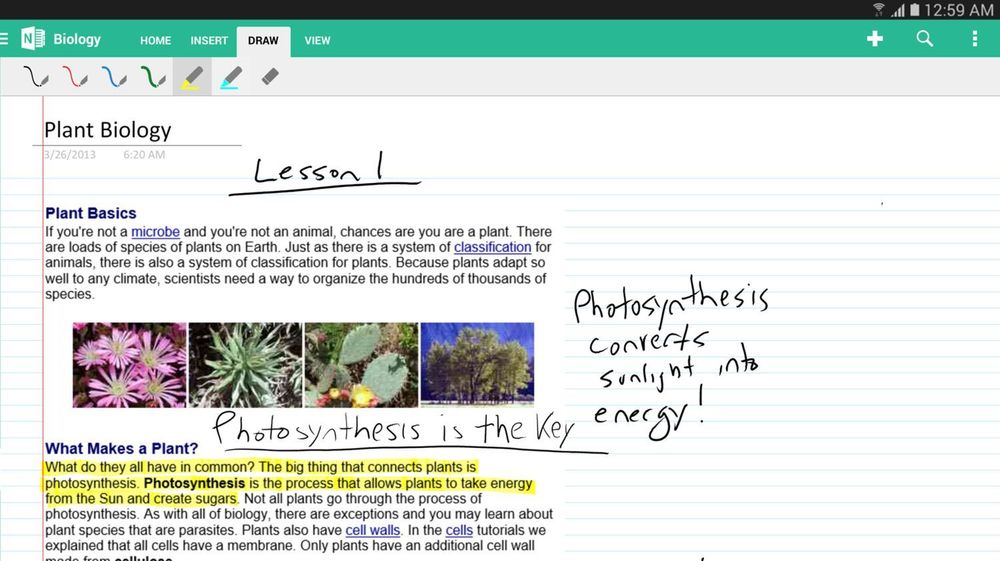 I den nye OneNote-appen for Android kan man blant annet lage håndskriftnotater oppå innhold som importeres fra andre kilder, for eksempel læreboka. 