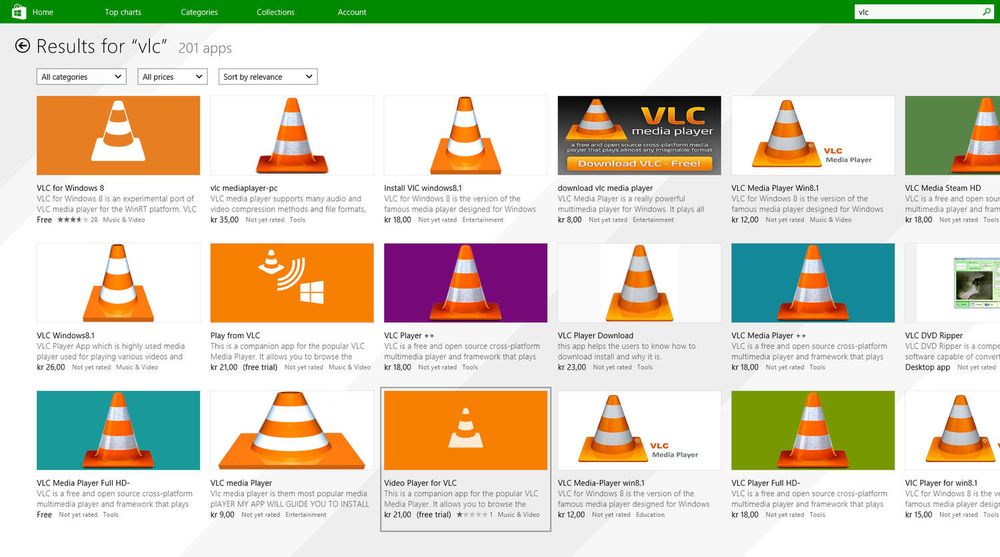 Resultatene av et søk etter VLC i Windows Store presenterer en rekke eksempler på forsøk på å lure penger fra uvitende brukere.