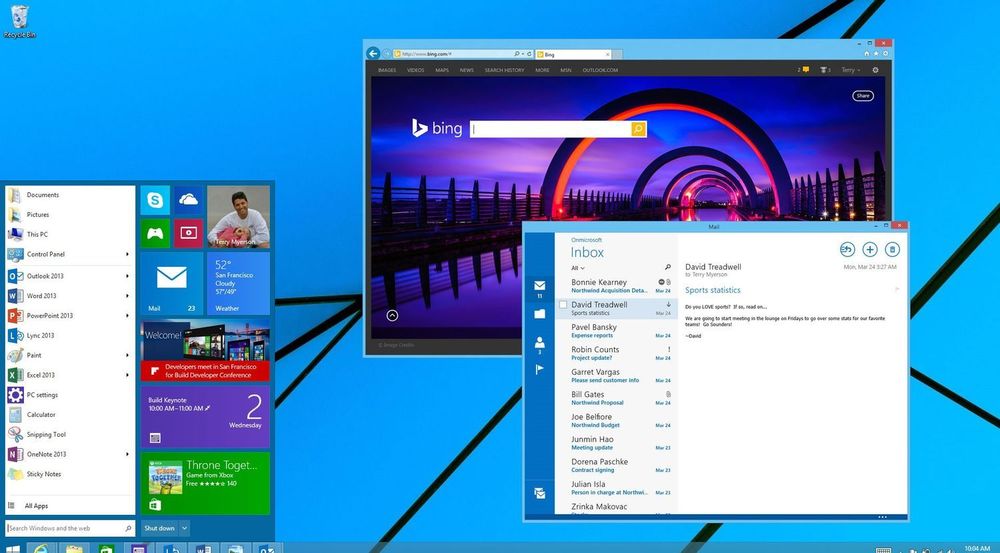 Microsoft viste fram dette Windows-skrivebordet under Build-konferansen i april i år. Det viser blant annet en ny startmeny og en Modern UI-applikasjon som kjøres i et tradisjonelt desktop-vindu. Mye kan dog har endret seg siden denne sniktitten.