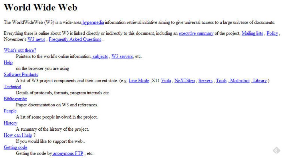 Verdens første nettsted, slik det så ut i 1992. Nå er siden igjen tilgjengelig med samme URL som den gang.