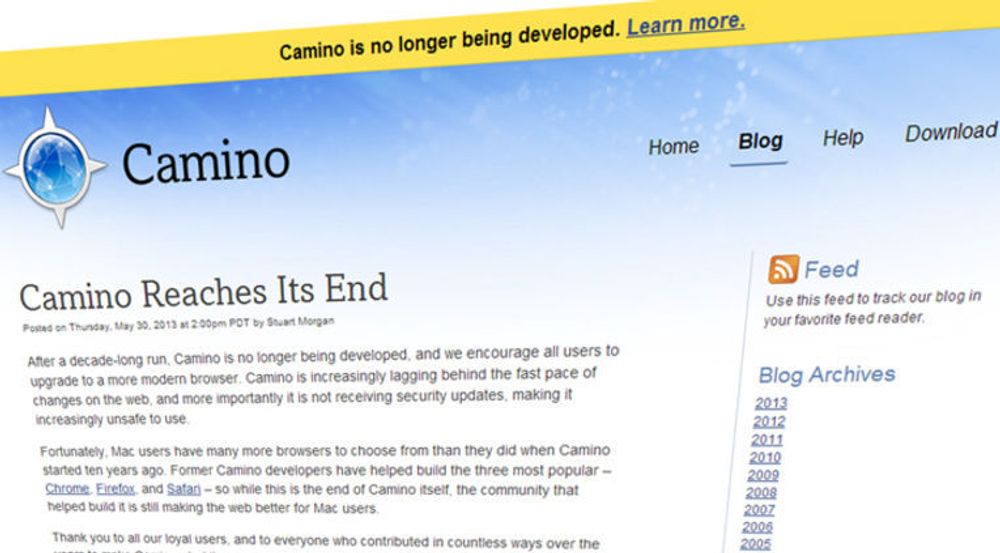Over og ut for Camino, et av flere åpen kildekode-prosjekt som har bidratt til å gjøre weben til en enda litt bedre opplevelse.