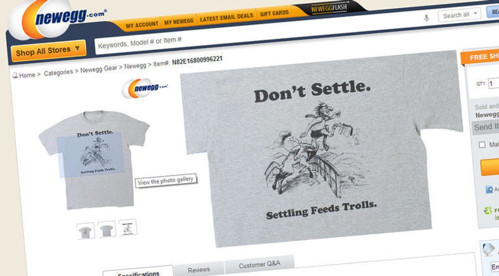 Blant varene Newegg tilbyr, er t-skjerter mot patenttroll.