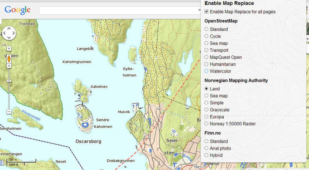 Map Replace-utvidelsen til Google Chrome gjør det mulig å bytte ut kartet i Google Maps med langt mer detaljerte kart fra andre kilder. 