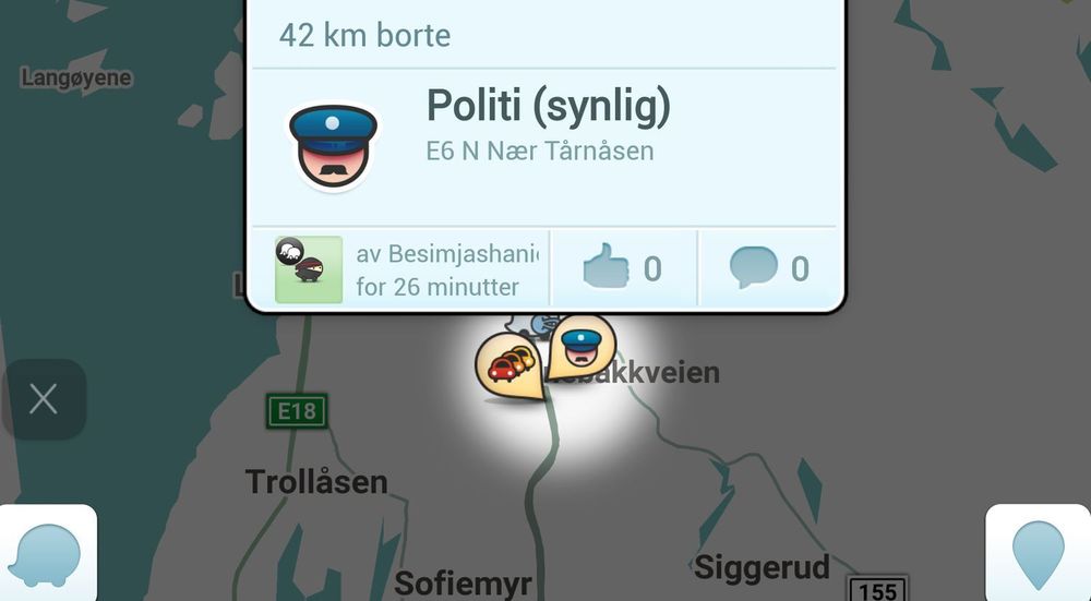 I Waze kan brukerne legge rapporter om observert politi, slik som denne fra E6 sør for Oslo i morgentimene i dag.