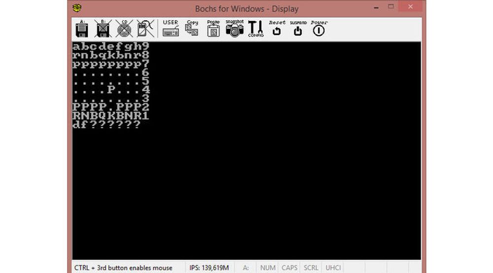 BootChess kjøres enklest ved å benytte en av de vedlagte diskettimage-filene i en pc-emulator som Bochs.