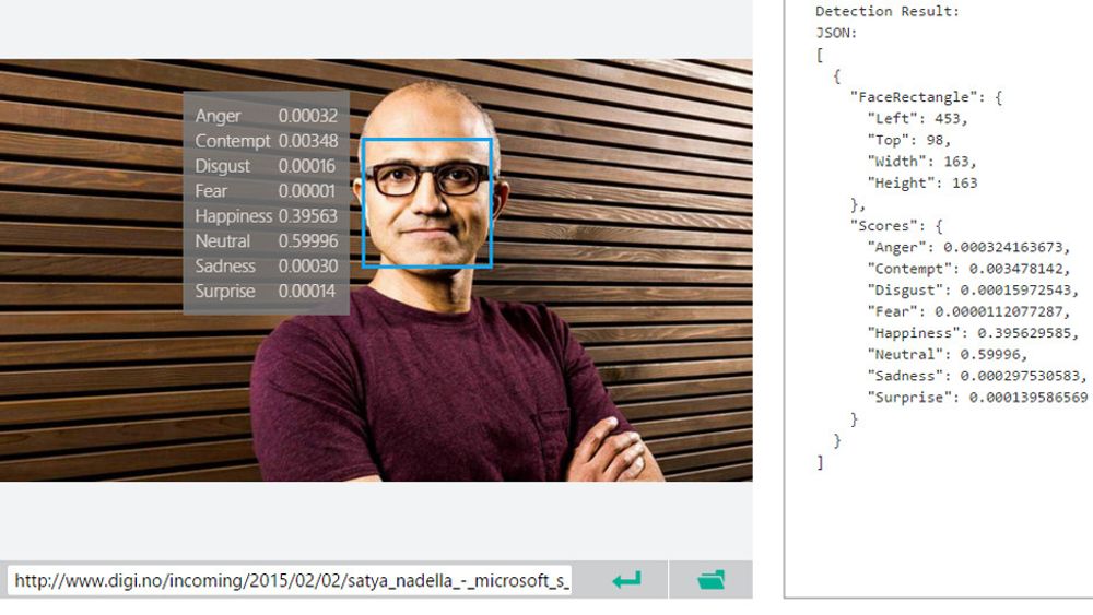 Her har vi fått målt ansiktsuttrykket til Satya Nadella i tjenesten til Microsofts Project Oxford.