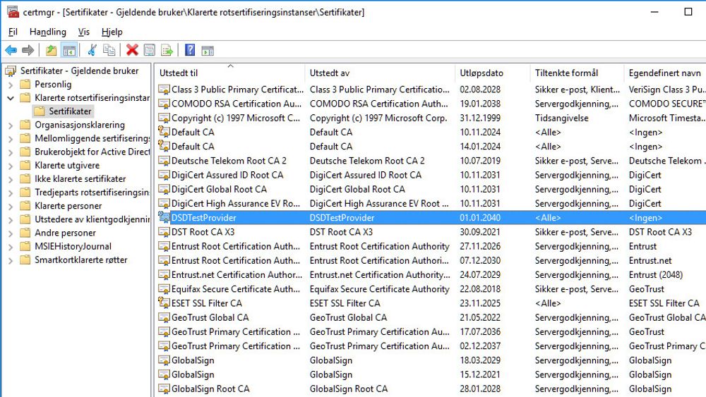 Brukere av pc-er fra Dell bør se om pc-en har DSDTestProvider-rotsertifikatet installert. I så fall bør det fjernes fra listen over klarerte rotsertifikater. Bildet viser sertifikatet i Windows 10 på en Dell Latitude fra 2014.