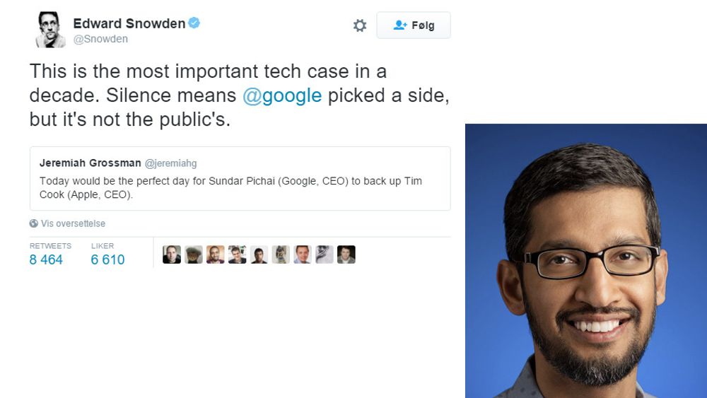 Edward Snowdens tvitring kan ha fått Google-sjef Sundar Pichai til å bryte tausheten om selskapets holdning til striden mellom Apple og FBI.