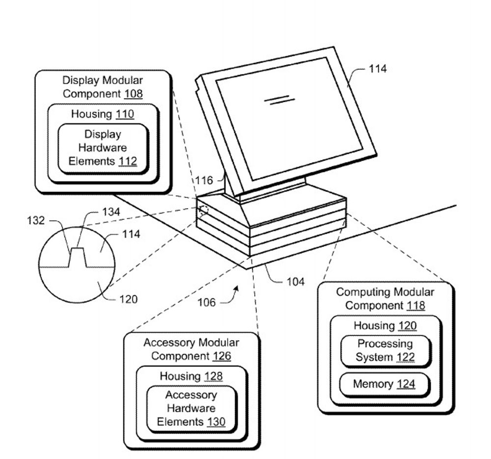 Modulene i konseptmaskinen som Microsoft søker patent på, kan monteres inni hverandre og stables oppå hverandre. På toppen sitter det en hengslet skjerm.