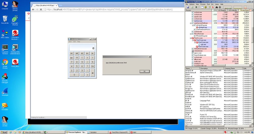 Oppstart av kalkulator i Windows via API-ene til Trend Micro Password Manager.