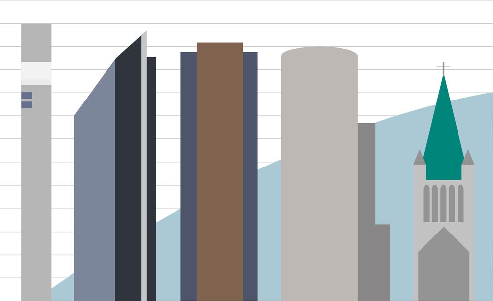 Norges fem høyeste bygg illustrert i faktiske størrelsesforhold. Hver linje i oversikten representerer 10 meter i virkeligheten. Illustrasjon: Erlend Tangeraas Lygre.