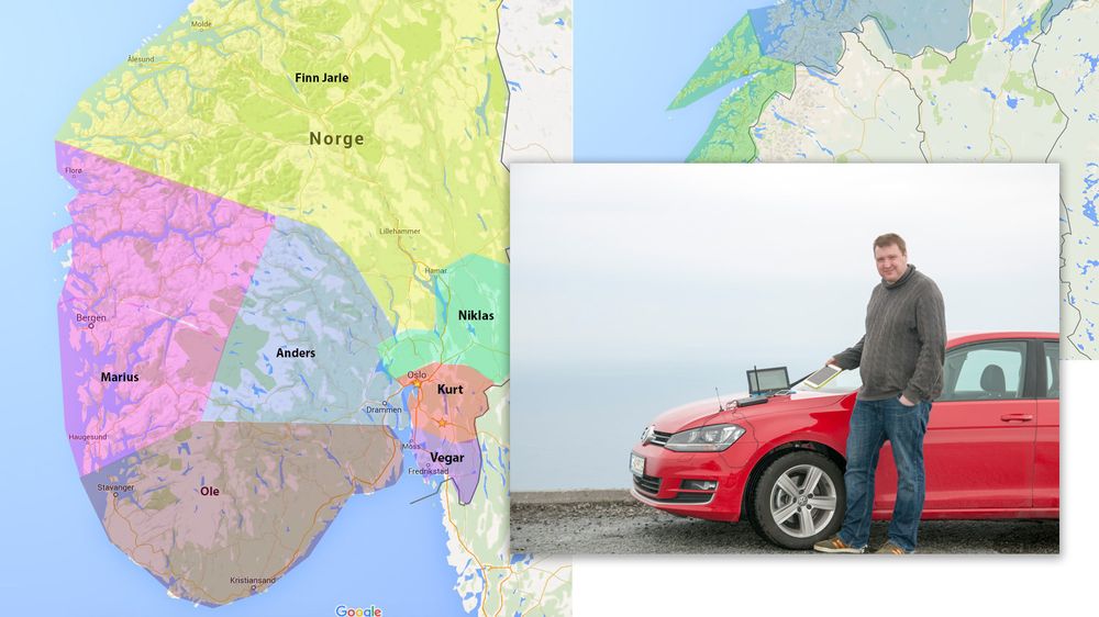 Finn Jarle Kvalheim er en av ni personer som skal kjøre Norge på kryss og tvers. Bildet er fra testen i 2014. Kartet viser en omtrentlig oversikt av områdene de ulike Tek-medarbeiderne skal dekke i år. .