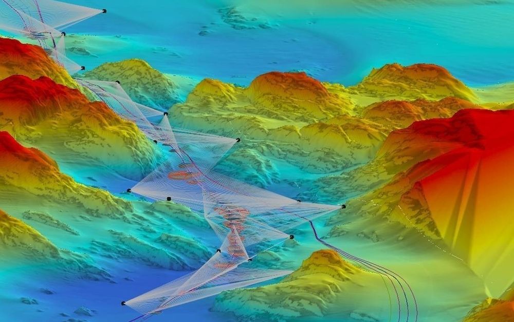 Dette er bildet teknologien tegnet av havbunnen, der kanalen til gassrøret skulle graves ut. De små, sorte boksene er sensorene som i sanntid leste av havbunnen. Bilde: Norsk Hydro.