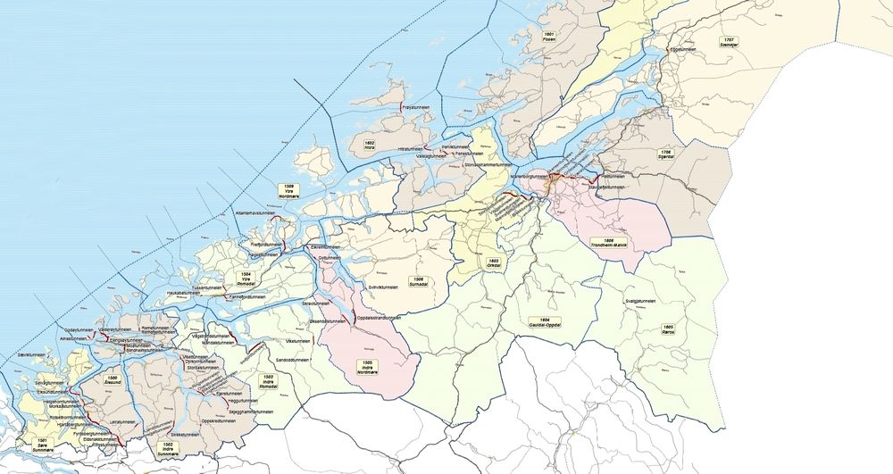 Dette kartet inneholder nesten alle tunneler i Region midt som er lengre enn 500 meter. TC Connect ligger godt an til å få jobben med å klargjøre for DAB-kringkasting i dem.