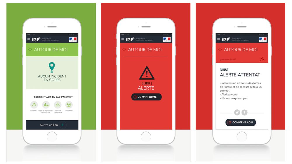 Den nye appen SAIP (Système d'alerte et d'information des populations) endres fra grønn til rød avhengig av trusselnivå og hvor brukerne befinner seg. Slik vil det franske innenriksdepartementet sende advarsel «dersom det er mistanke om forestående angrep».