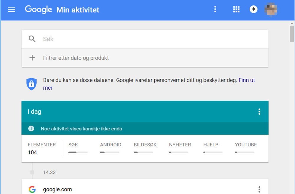 Googles nye Min Aktitivet-side viser data som selskapet har samlet inn om brukeren, sortert etter dato og tjenester. .