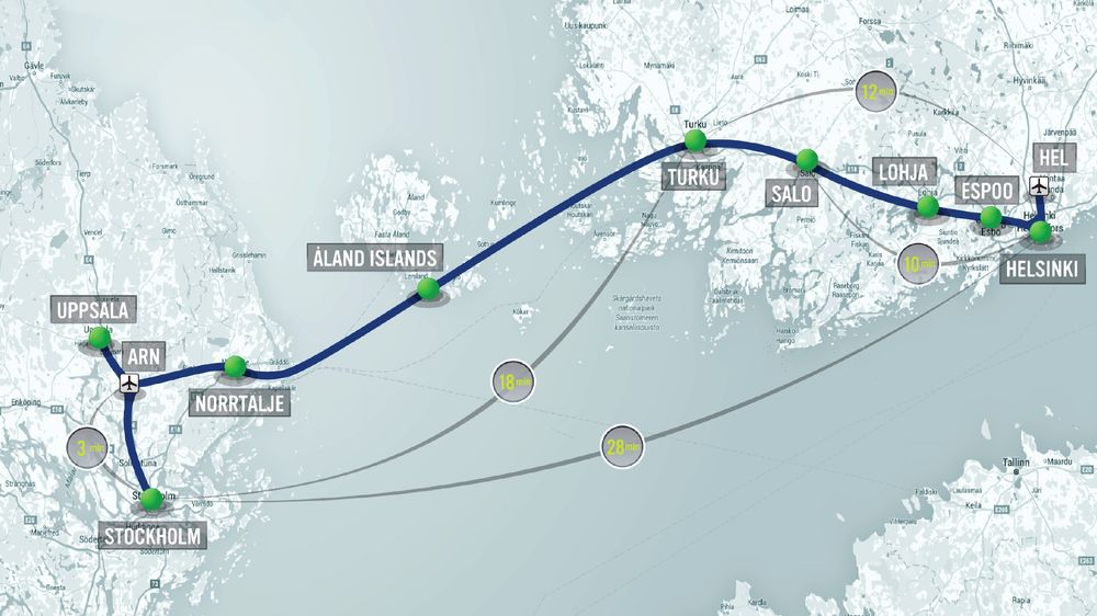 Slik er den foreslåtte Hyperloop-traséen fra Stockholm til Helsinki. Reisetiden mellom de to hovedstedene vil kunne bli 28 minutter.
