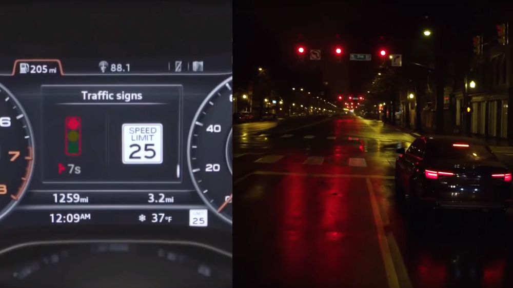 Sjåføren får beskjed om hvor lenge det er til trafikklyset skifter til grønt med Audis teknologi.