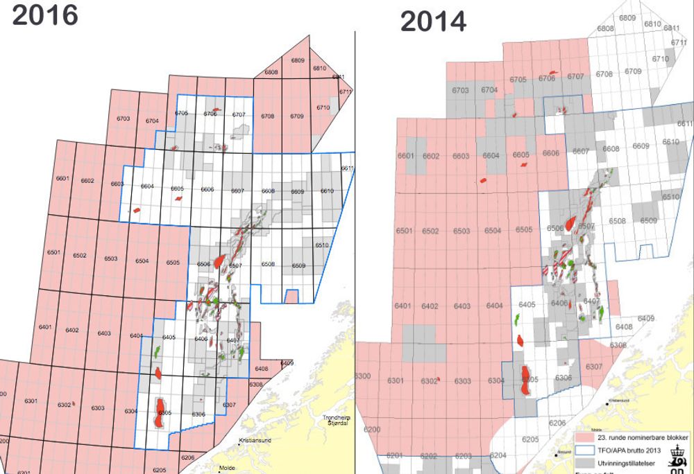 Dette er forskjellen på nominasjonskartene fra 2014 og 2016. De rosa områdene er blokkene som oljeselskapene kan nominere. Et titalls blokker er nå åpnet for nominasjon i de forbudte Nordland 6-områdene, samt Møre-blokkene.