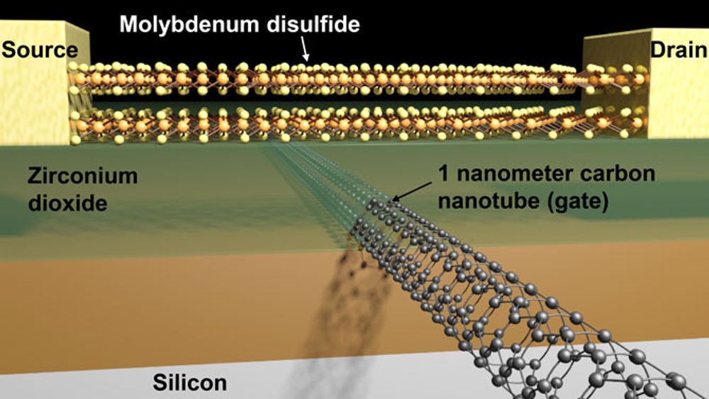 En skjematisk fremstilling av en transistor basert på molybdendisulfid, med en 1 nanometer port laget av nanorør i karbon.