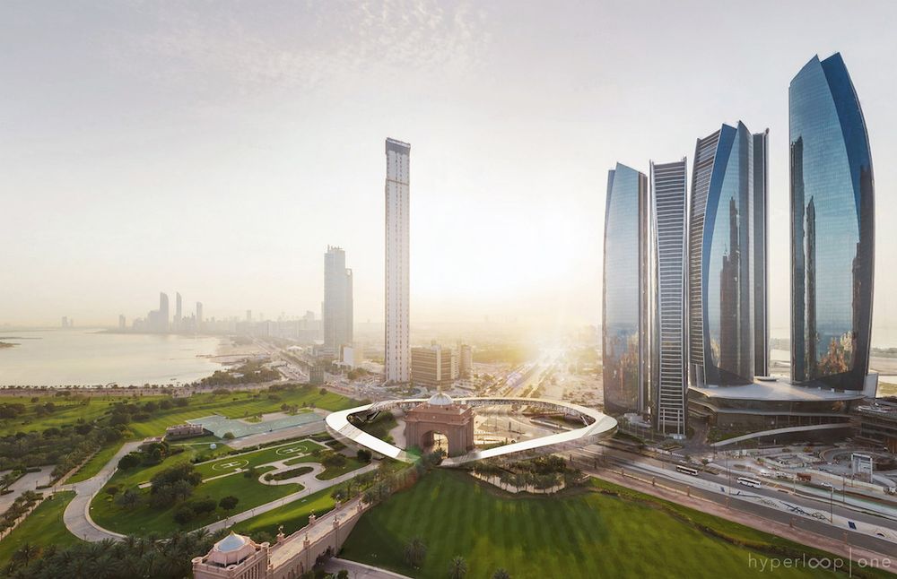 Oversiktsillustrasjonen forestiller Abu Dhabi, med den sirkelformede terminalen i midten av bildet.
