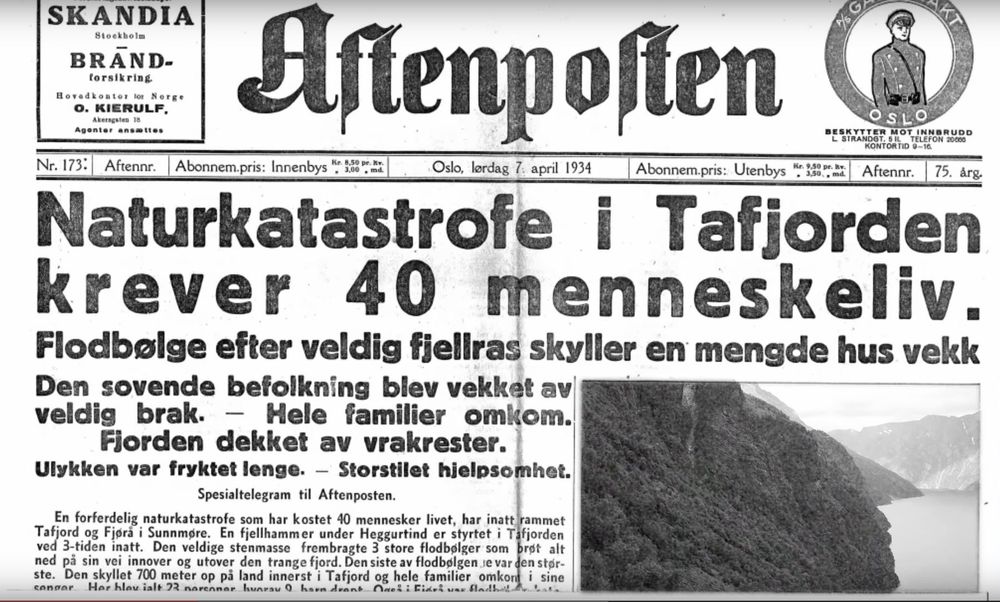 Tafjord-ulykka var en naturkatastrofe som fant sted natt til 7. april 1934 i Tafjorden på Sunnmøre. Et større fjellparti raste ut i fjorden og flodbølgen fra raset raserte store områder og drepte 40 mennesker i Fjørå og Tafjord. Foto: Aftenposten. <i>Foto: Foto</i>