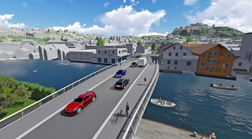 Slik vil den nye bybrua i Flekkefjord se ut sommeren 2018. Skanska leder konkurransen om å få bygge den.