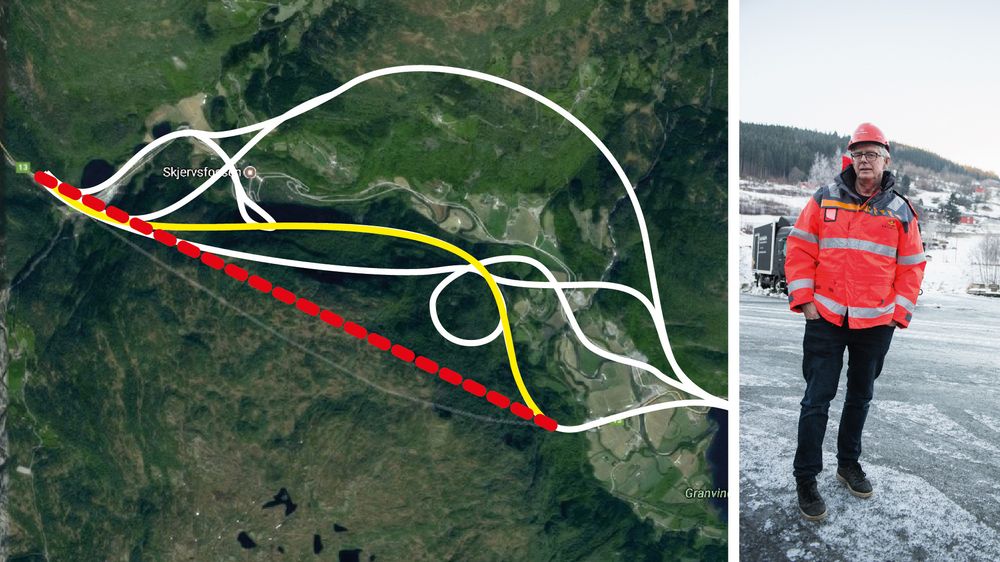 Prosjektleder Lars Magnar Røneid (til høyre) erstattet kommunens regulerte tunnelforslag (gul linje) ved å tegne en rett strek på kommunekartet (rød, stiplet linje). Røneid løsning løste ikke bare sikkerhetsproblemene, prosjektet endte også opp med å bli 125 millioner billigere enn opprinnelig anslått. De hvite linjene viser flere av de andre forslagene kommunen vurderte.