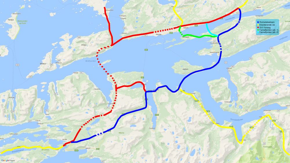 Kart som viser Møreaksen (markert med rødt) og Romsdalsaksen (markert med blått).