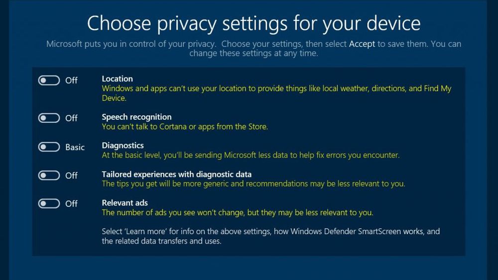 Utkast til nye personverninnstillinger i Windows 10 Creators Update.