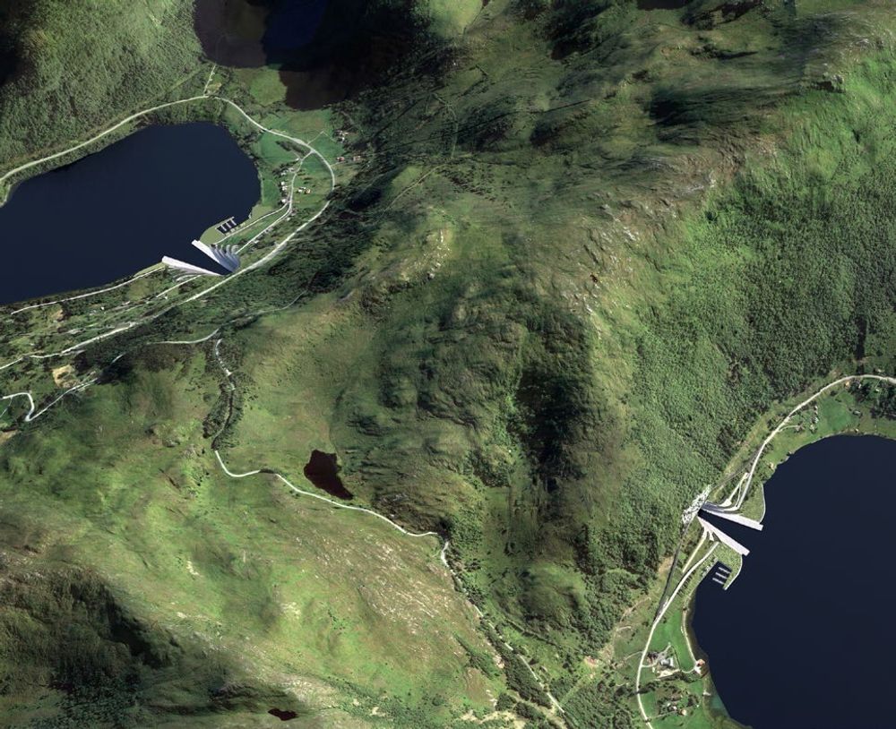 Flyfoto med inntegnet åpningene til skipstunnelen i Moldefjord (neserst) og Kjødepollen ved Vanylvsfjorden