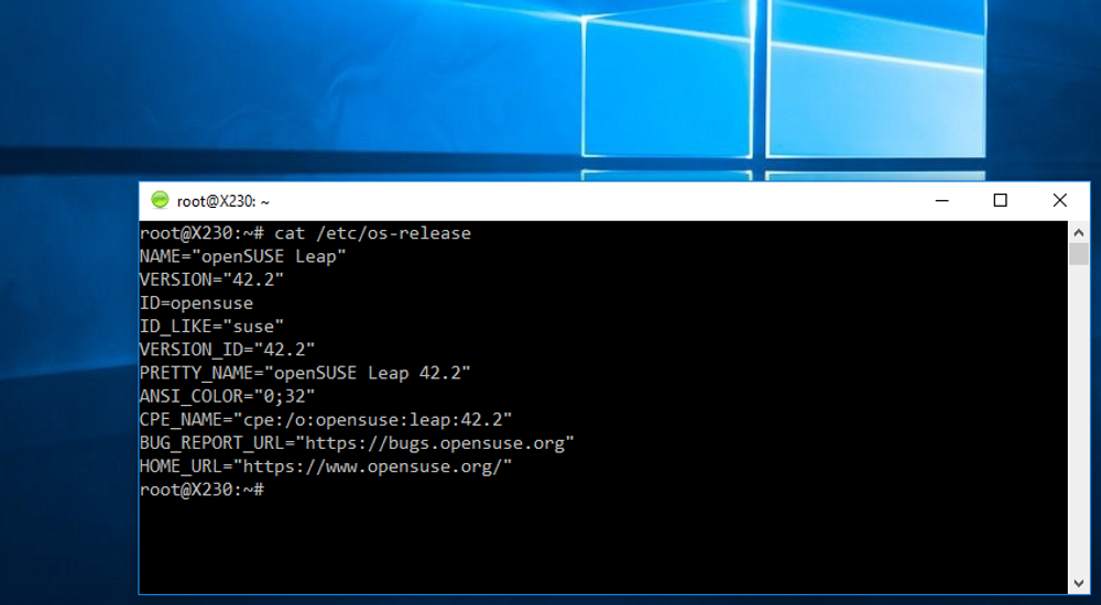Som bildet viser, kan også openSUSE kjøres i Windows-delsystemet for Linux.