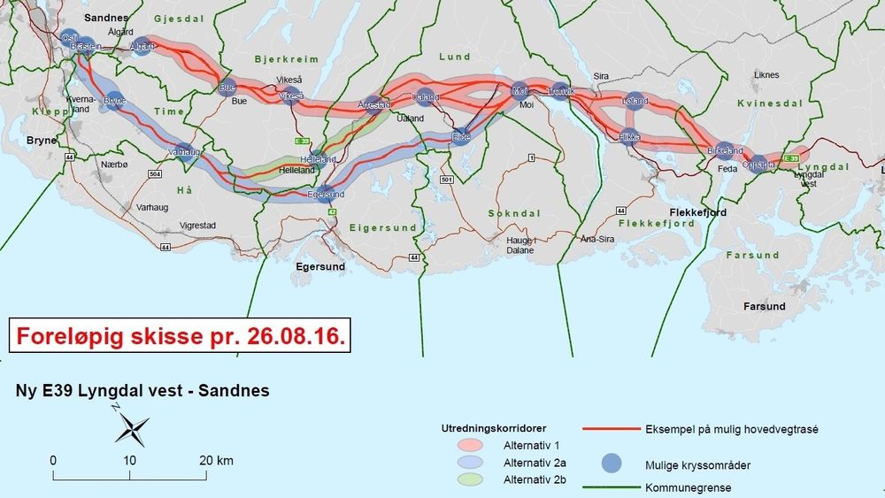 Statens vegvesen har lagt frem flere forslag til trasé for E39 mellom Lyngdal og Sandnes. Kommunene venter enda på at en planprogram skal legges ut på høring.
