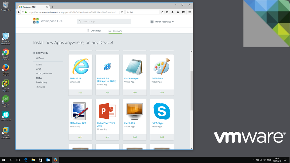 Med VMwares Workspace One kan bedriftene tilby en portal som de ansatte kan velge applikasjoner fra, uavhengig av hva slags enhet de benytter.