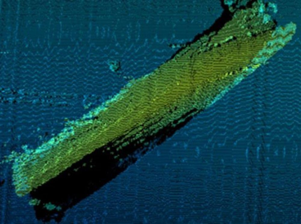 3D-bilde fra scan av havbunnen der Thorco Cloud sank. Forskip og akterskip ligger 1600 meter fra hverandre.