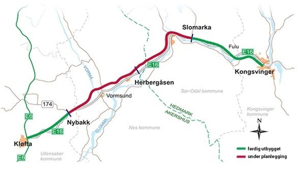 Ifølge samferdselsministeren vil det ta mange år før E16 mellom Kløfta og Konsvinger vil står ferdig utbygget.