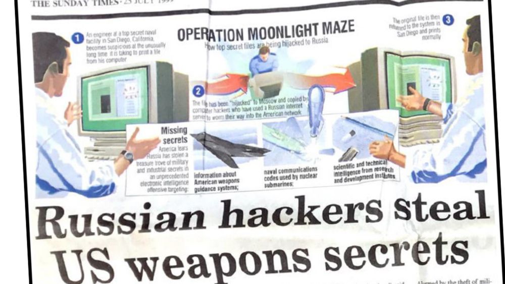 Faksimile av The Sunday Times som hadde et stort oppslag om Moonlight Maze-operasjonen den 25. juli 1999.