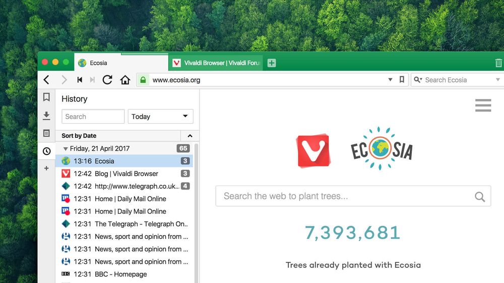 Vivaldi inngår samarbeid med den grønne søkemotoren Ecosia. Sammen skal de prøve å nå målet om å plante en milliard nye trær.