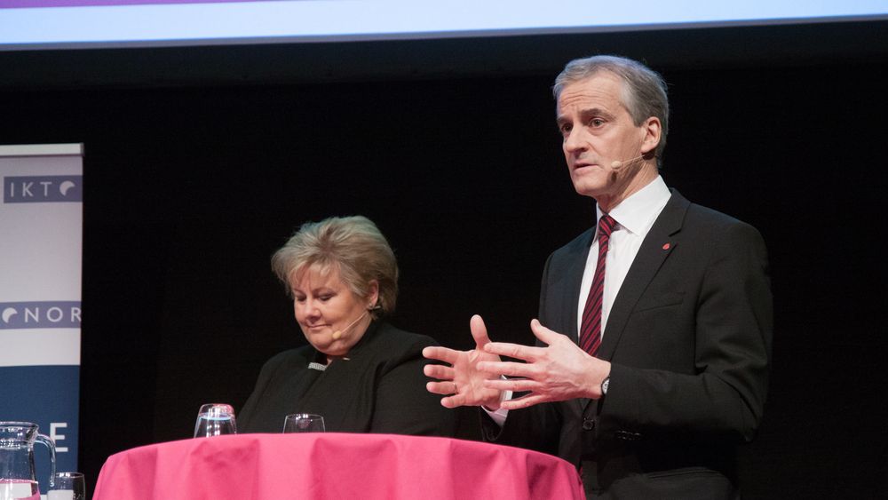 Statsminister Erna Solberg og Ap-leder Jonas Gahr Støre på IKT-Norges NEO 2017-konferanse.