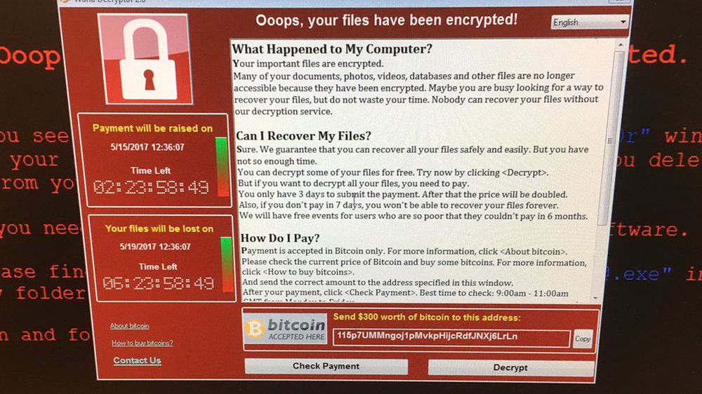 Skjermbildet som varslet om at systemet var blitt infisert av WannaCry-ormen.
