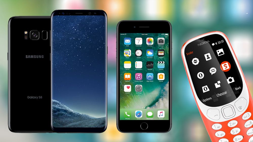 Dette er blant de mest solgte mobiltelefonene i juni. Fra venstre: Samsung Galaxy S8, iPhone 7 og Nokia 3310 (2017).